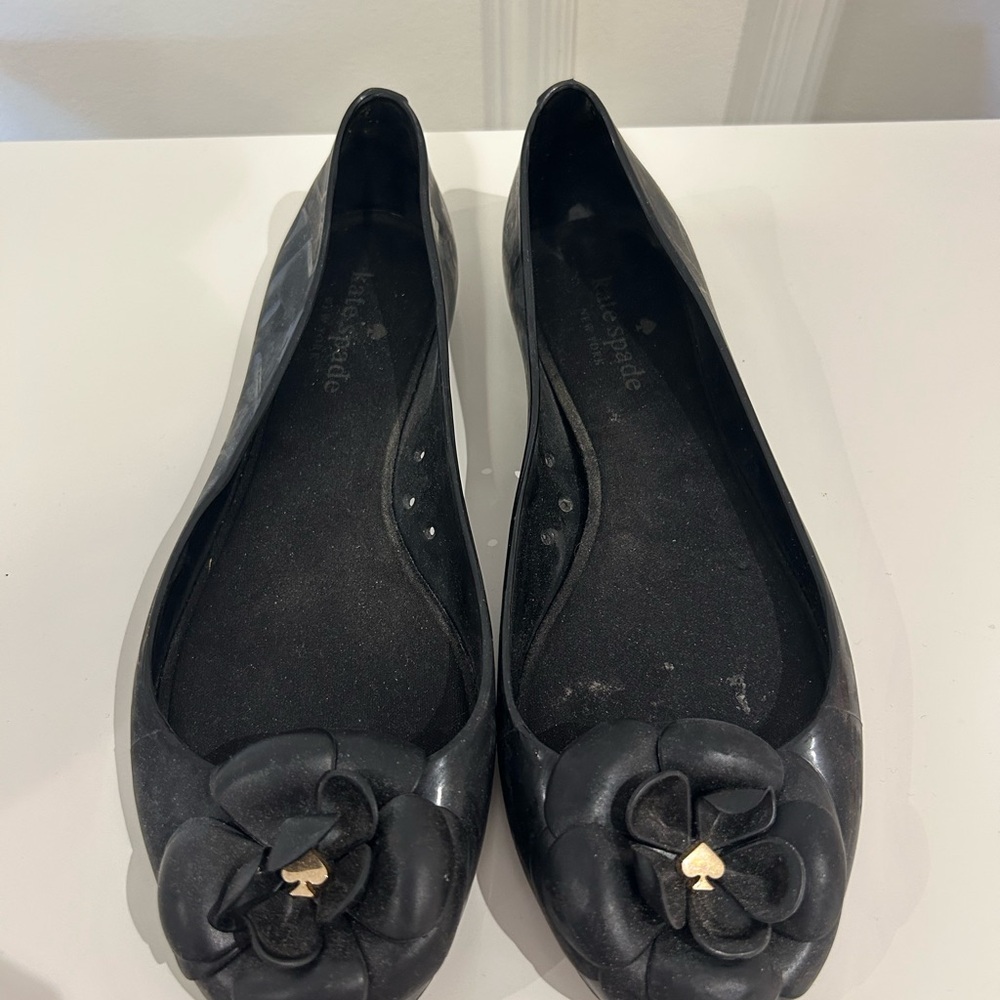 Kate Spade Black Flats with Gold Floral Detail